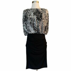 SUZI CHIN Dress Black White Sheath Blouson Animal Print Ruched Black Skirt 8 EUC